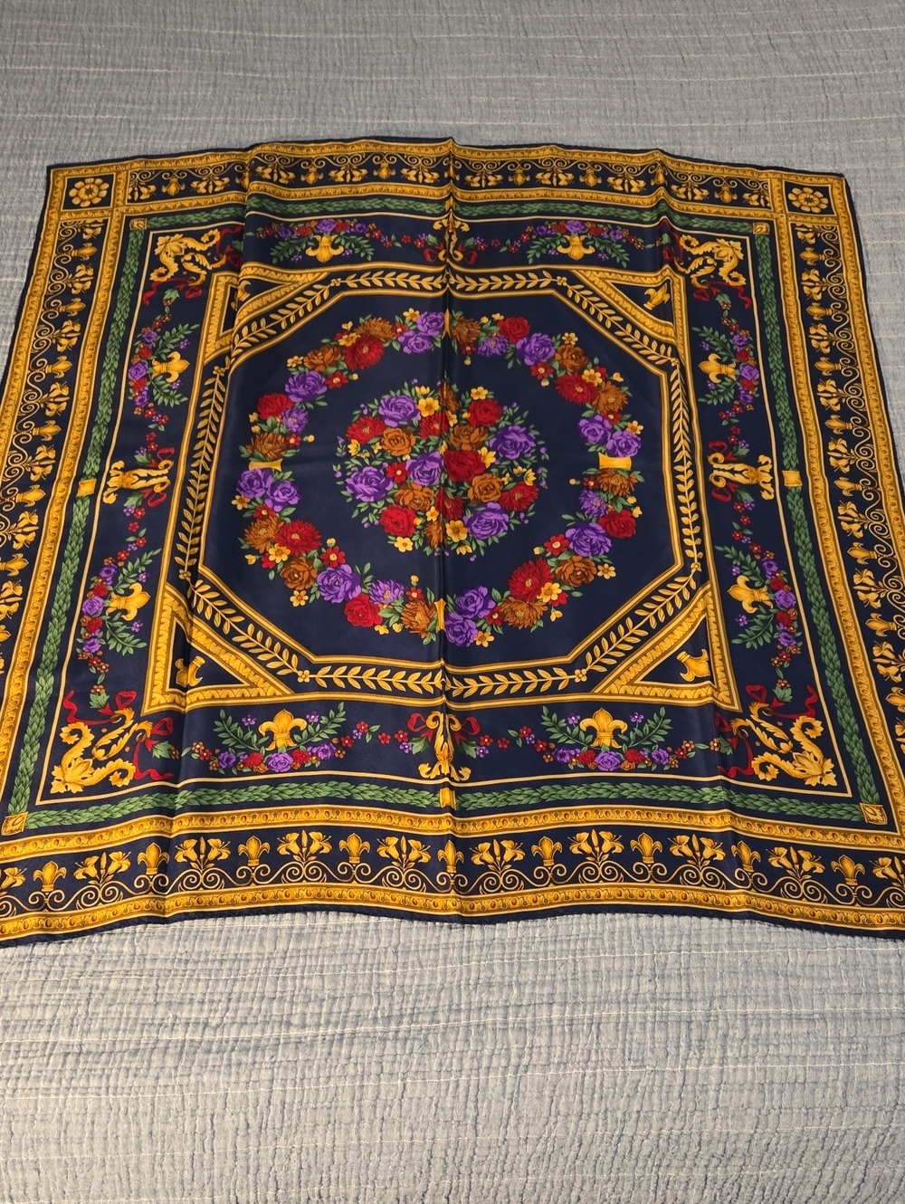 Vintage Floral Medallion Silk Scarf in Navy & Gold